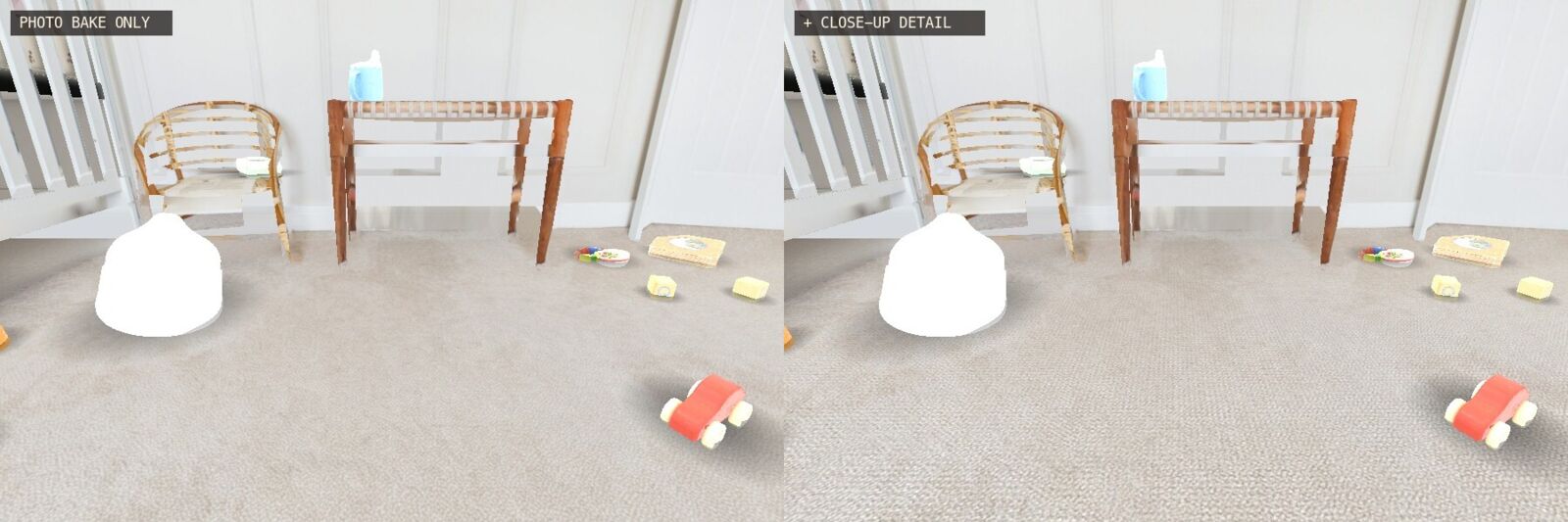 Two baby-height views of a nursery floor with toys and a cane chair: on the left the carpet is a smooth blur, on the right it has visible loop-pile texture
