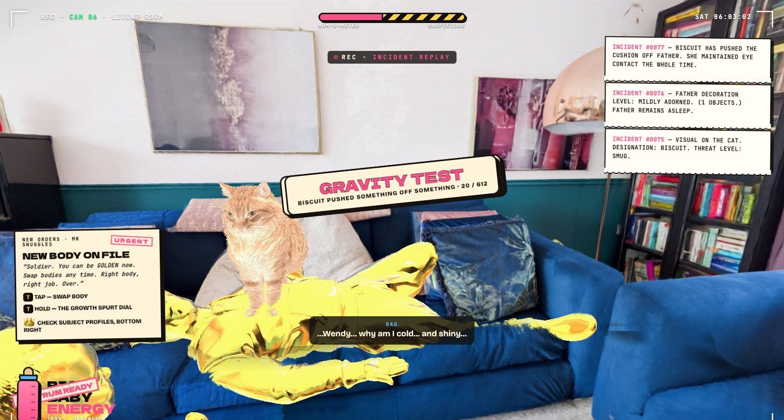 In-game shot of the living room: Dad lies on a blue sofa turned to solid gold while a ginger cat sits on him, with incident reports stacked on screen