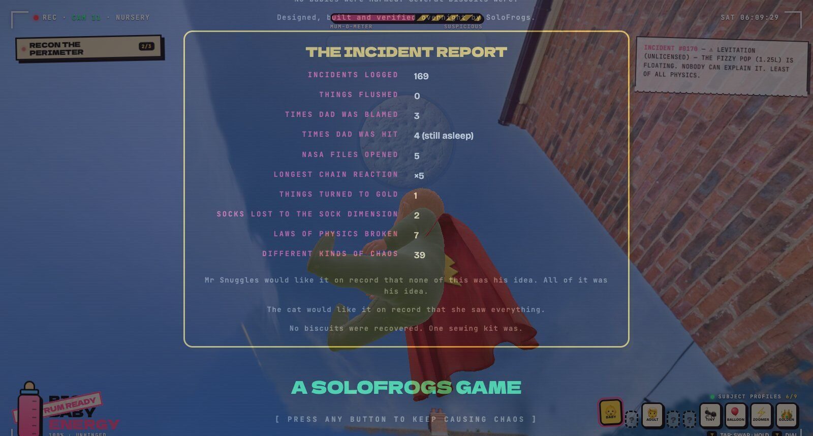 The end credits styled as The Incident Report, listing incidents logged, times Dad was blamed, NASA files opened and laws of physics broken, over a shot of the baby flying past the house