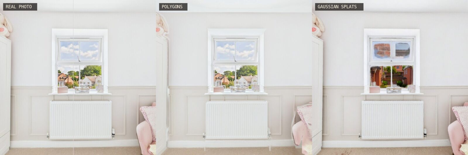 Three views of a nursery window above a radiator: the real photo, a near-identical polygon render, and a splat render with brickwork smeared into the sky