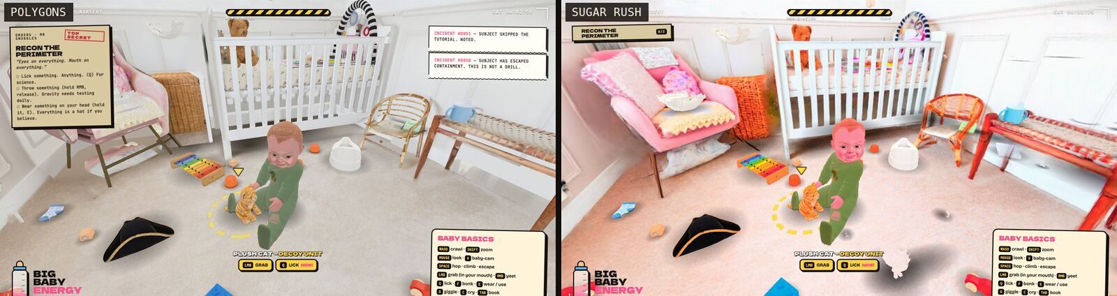 Two in-game shots of the baby sitting on the nursery floor: on the left the polygon nursery in natural colours, on the right the same scene as a saturated, dreamy splat world