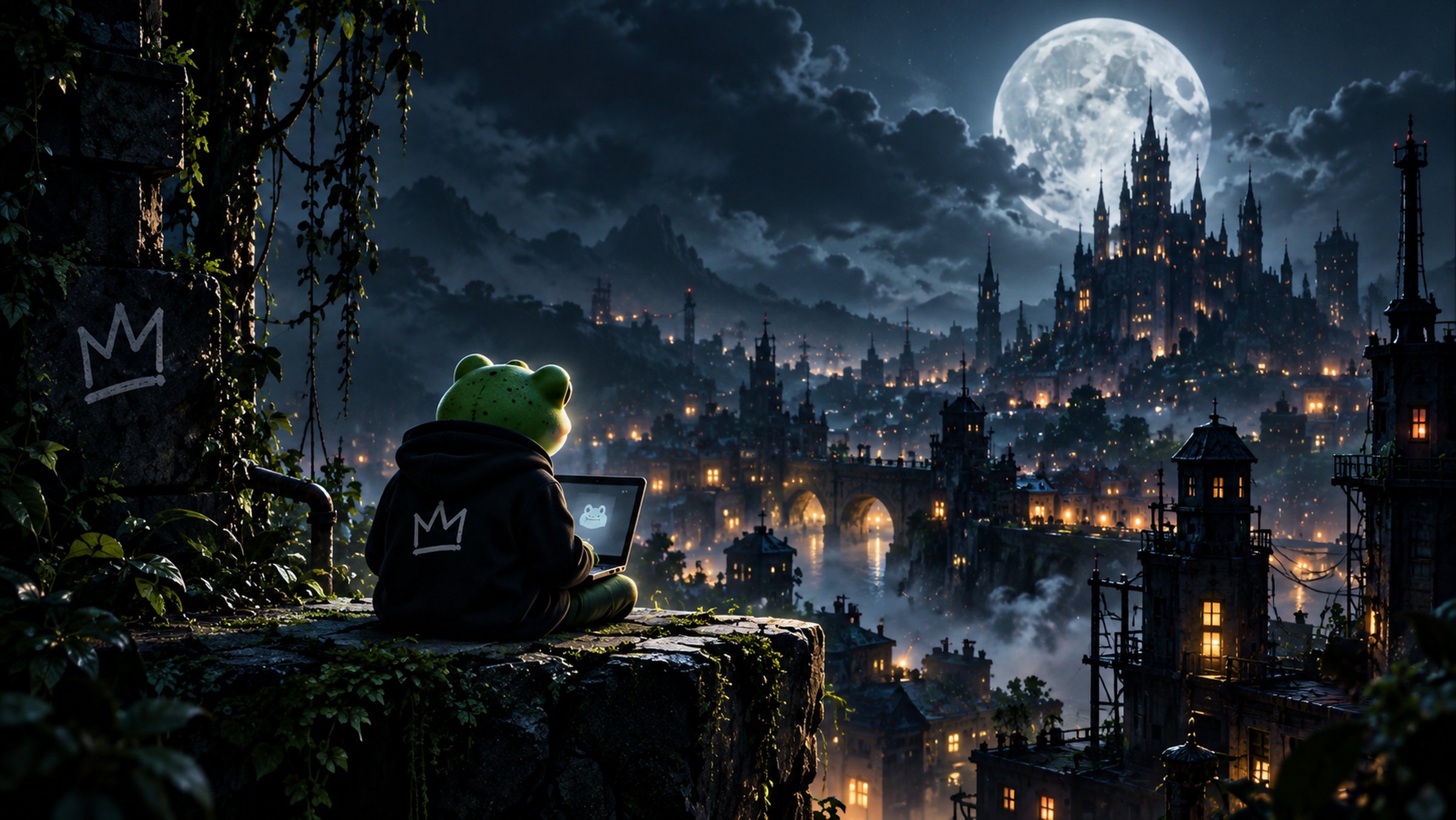 The Solo Frogs frog in a crown hoodie, coding on a laptop above a moonlit city