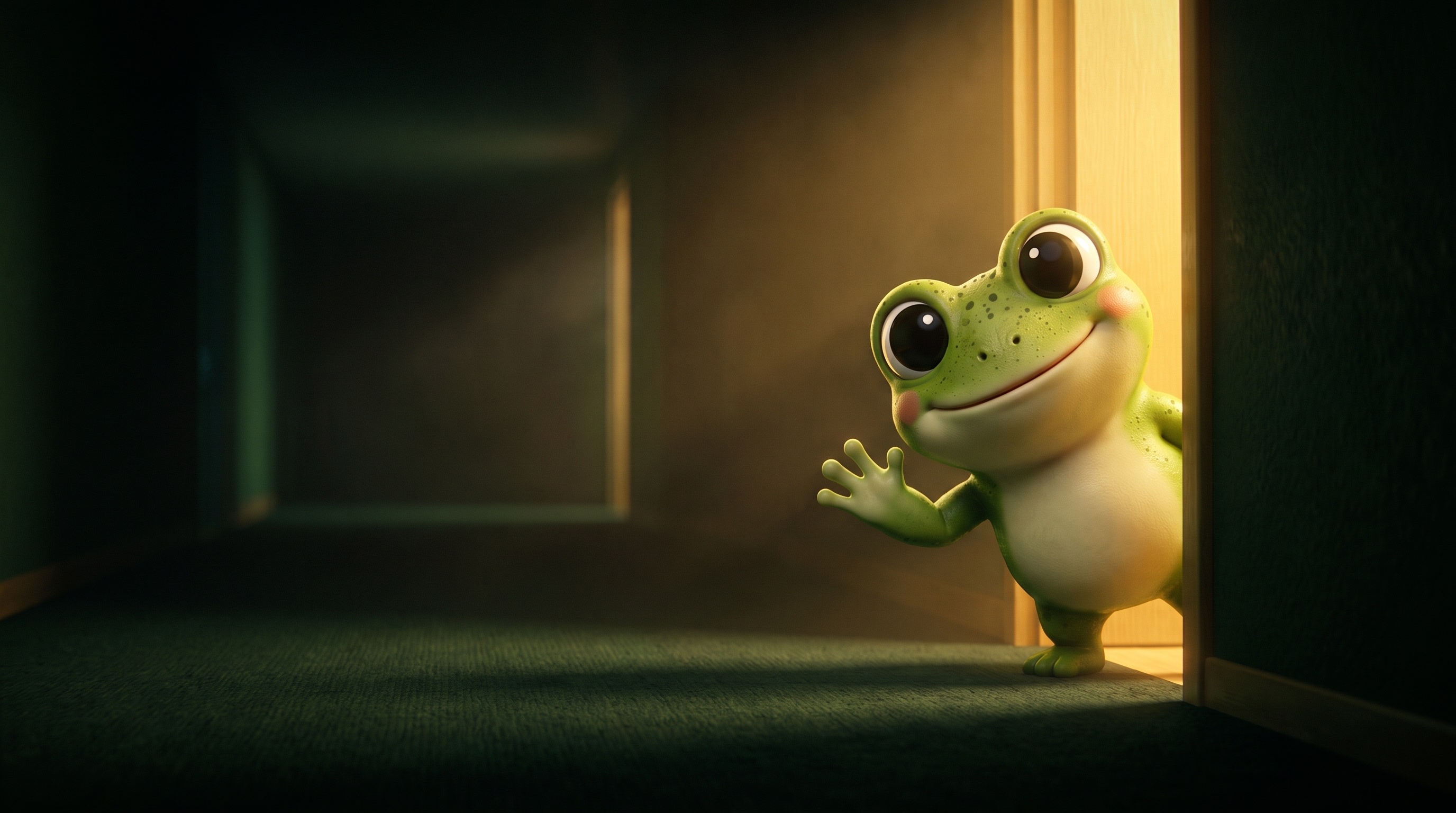The frog leaning out of a warm open doorway in a dark corridor, waving you in