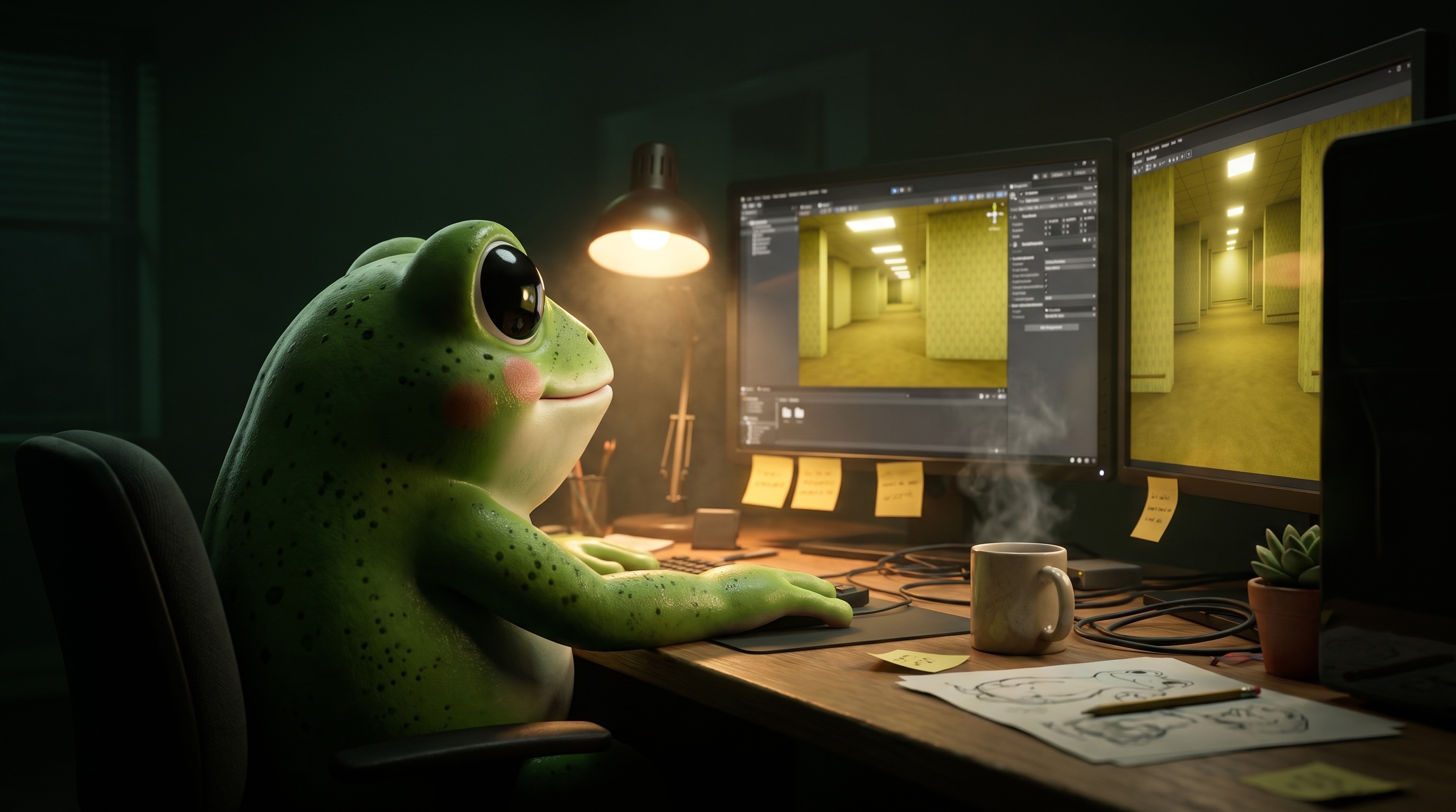 The Solo Frogs frog working late at a desk, monitors showing a yellow Backrooms corridor